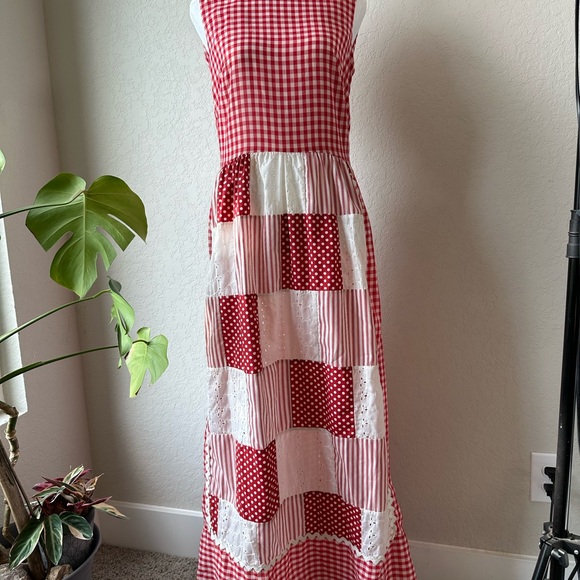 Vintage Red White Gingham Eyelet Sleeveless Maxi Dress Medium - Picture 4 of 12